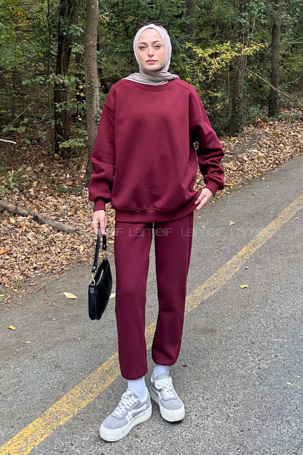 Lamelif Bisiklet Yaka Ribanalı İkili Eşofman Tesettür Takım Bordo