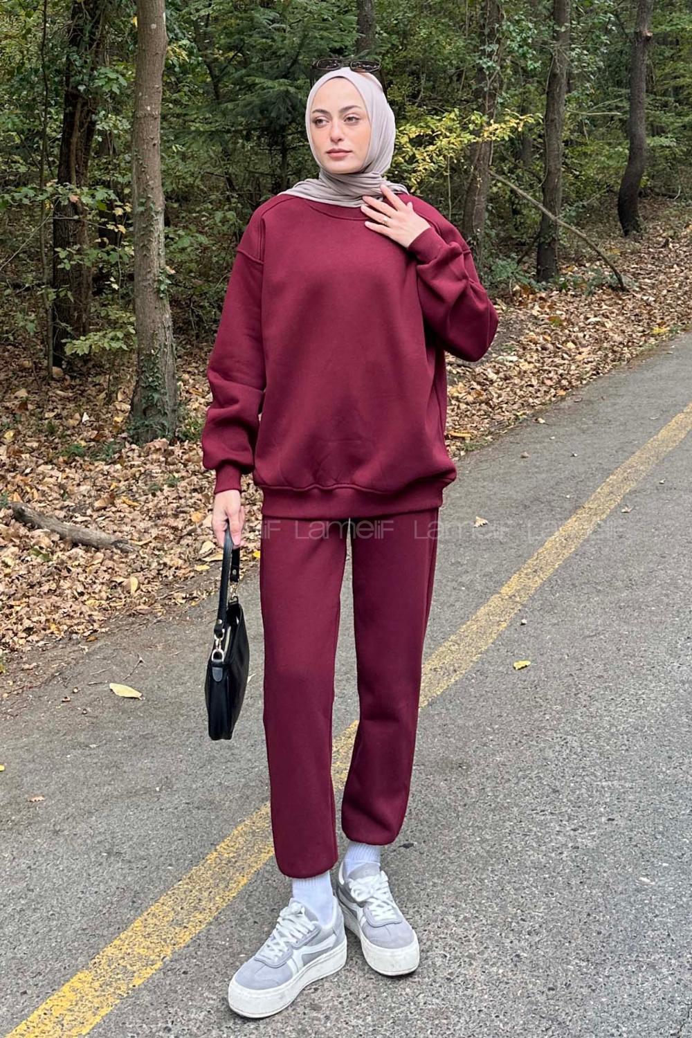 Lamelif Bisiklet Yaka Ribanalı İkili Eşofman Tesettür Takım Bordo