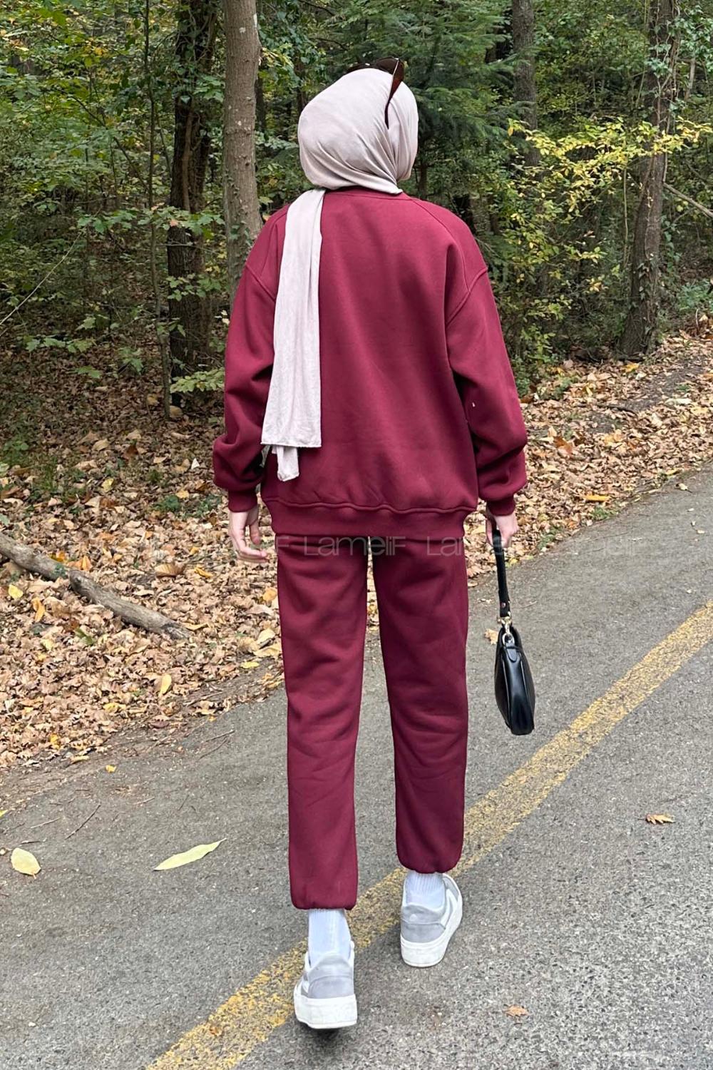 Lamelif Bisiklet Yaka Ribanalı İkili Eşofman Tesettür Takım Bordo