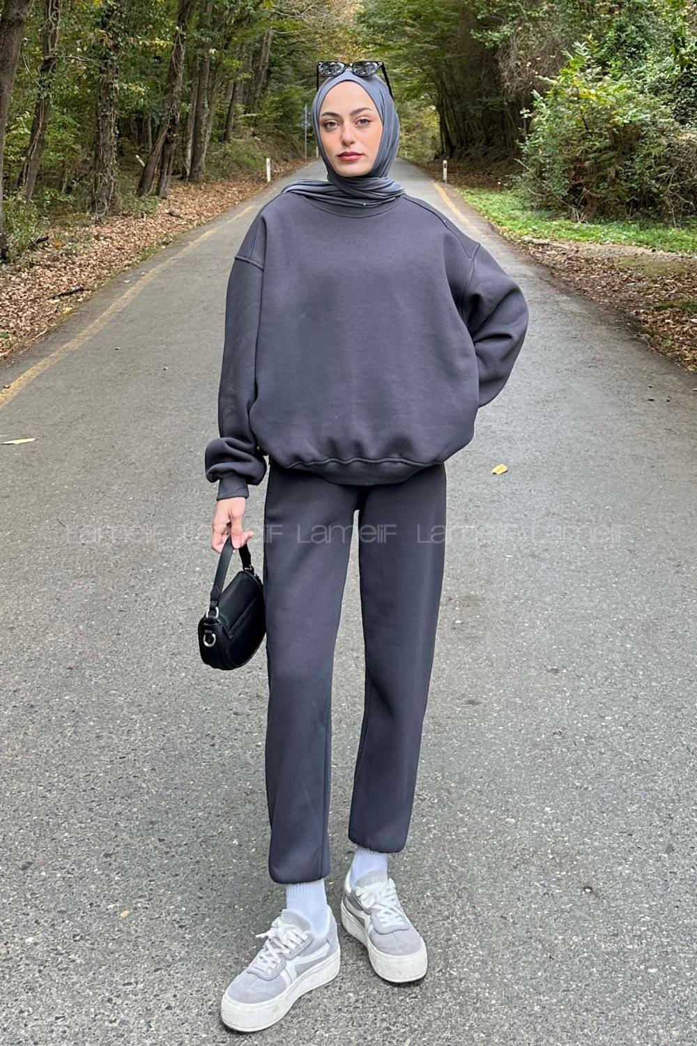 Lamelif Bisiklet Yaka Ribanalı İkili Eşofman Tesettür Takım Füme
