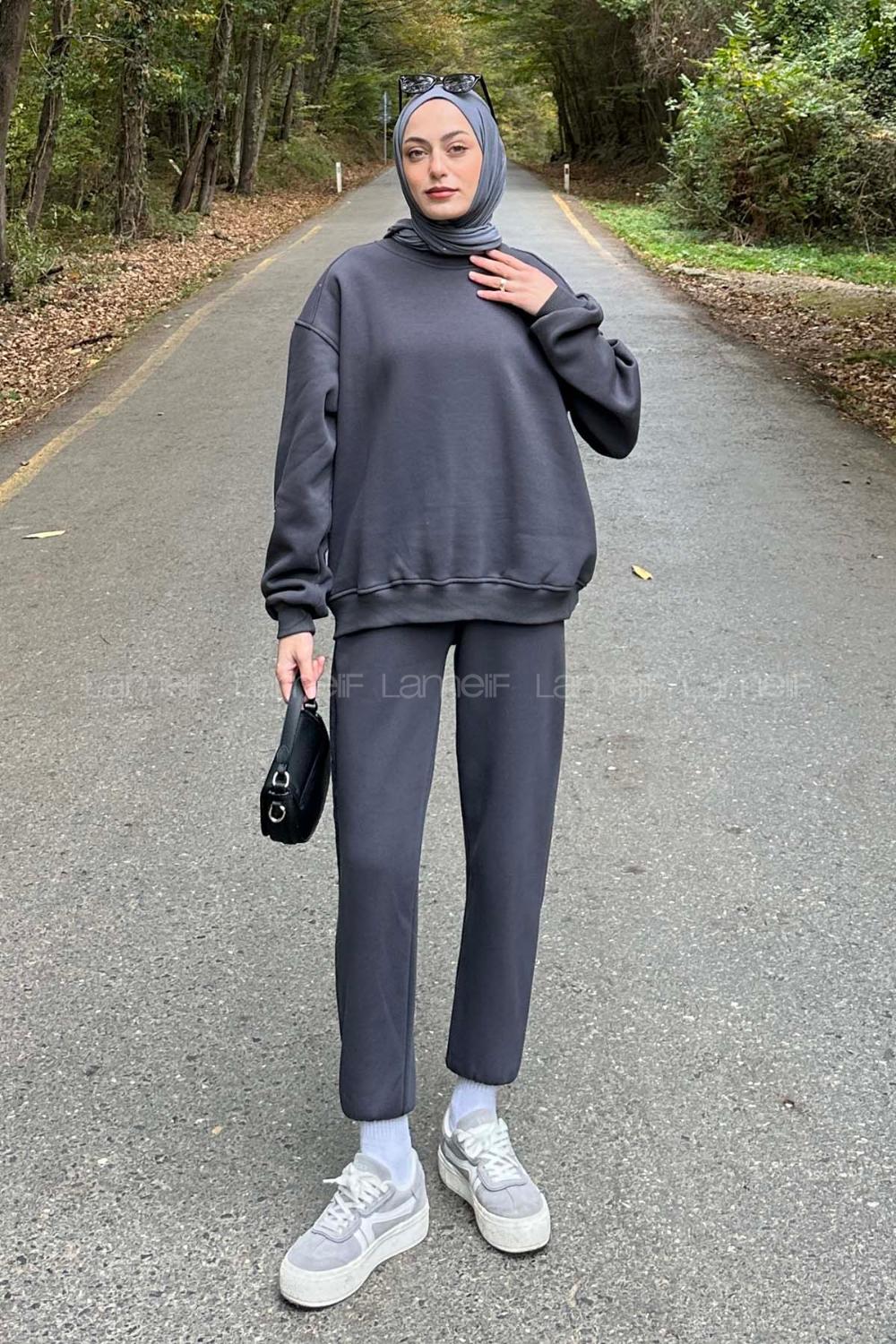 Lamelif Bisiklet Yaka Ribanalı İkili Eşofman Tesettür Takım Füme