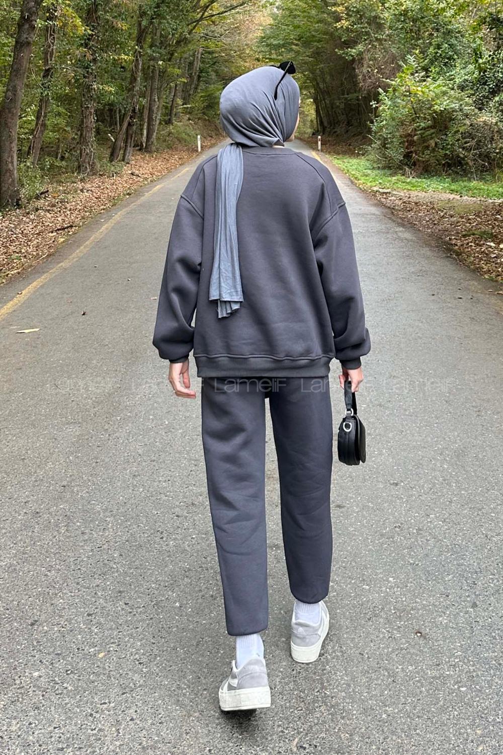 Lamelif Bisiklet Yaka Ribanalı İkili Eşofman Tesettür Takım Füme