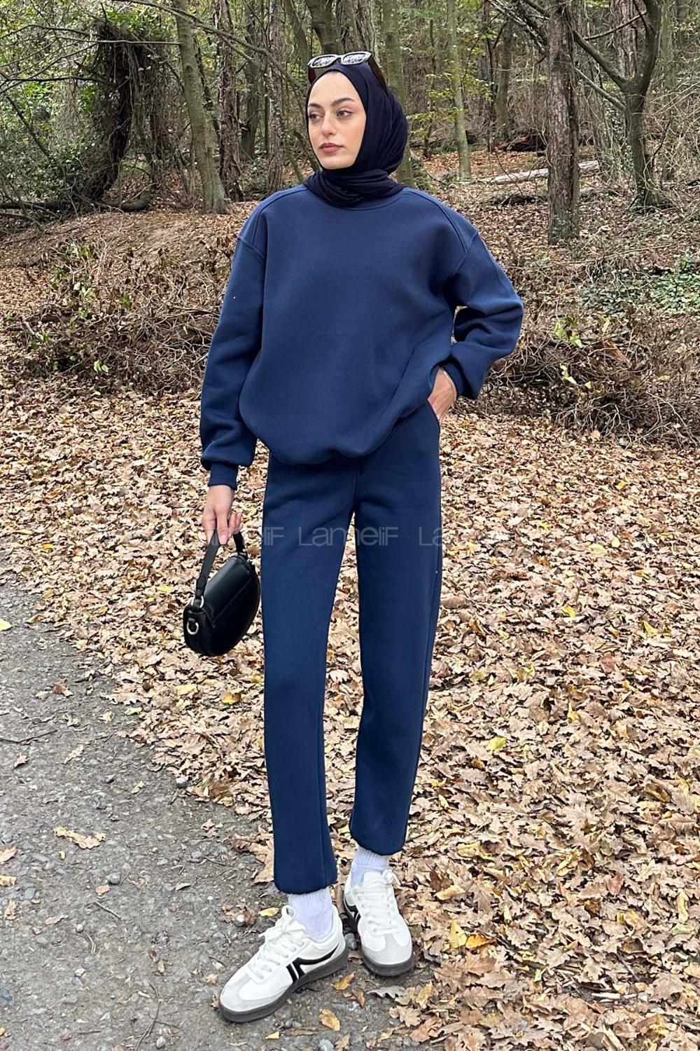 Lamelif Bisiklet Yaka Ribanalı İkili Eşofman Tesettür Takım Lacivert