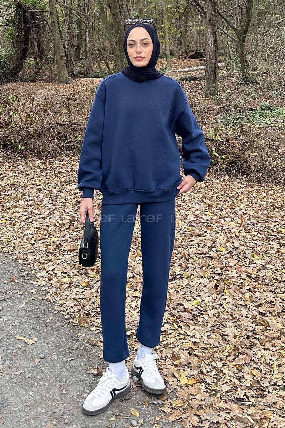 Lamelif Bisiklet Yaka Ribanalı İkili Eşofman Tesettür Takım Lacivert