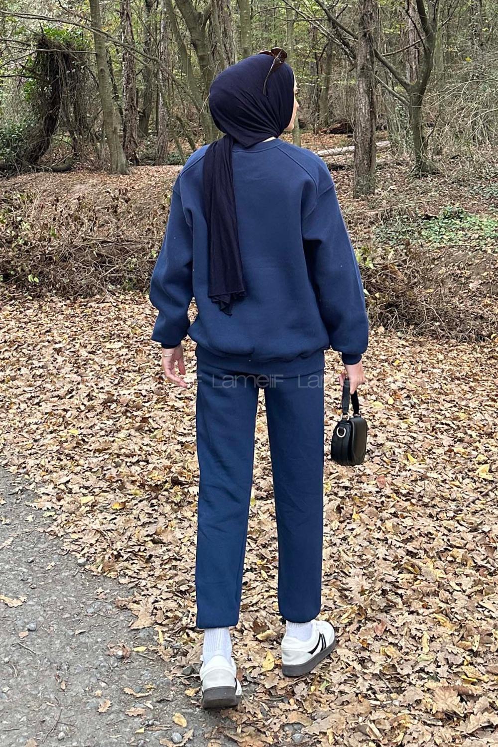 Lamelif Bisiklet Yaka Ribanalı İkili Eşofman Tesettür Takım Lacivert