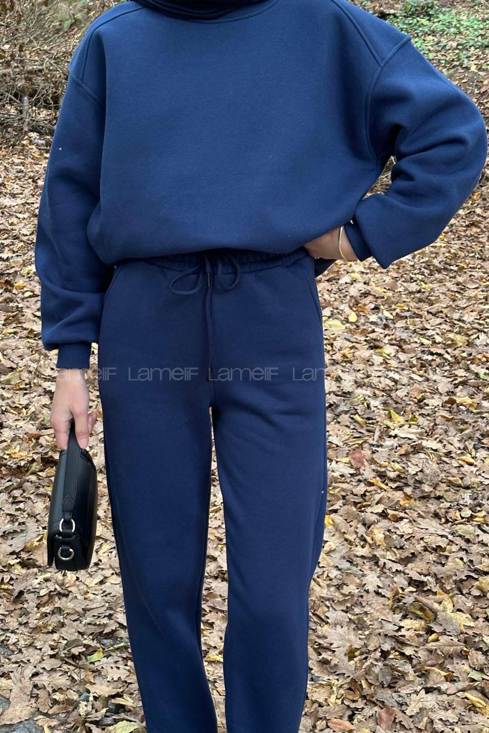 Lamelif Bisiklet Yaka Ribanalı İkili Eşofman Tesettür Takım Lacivert