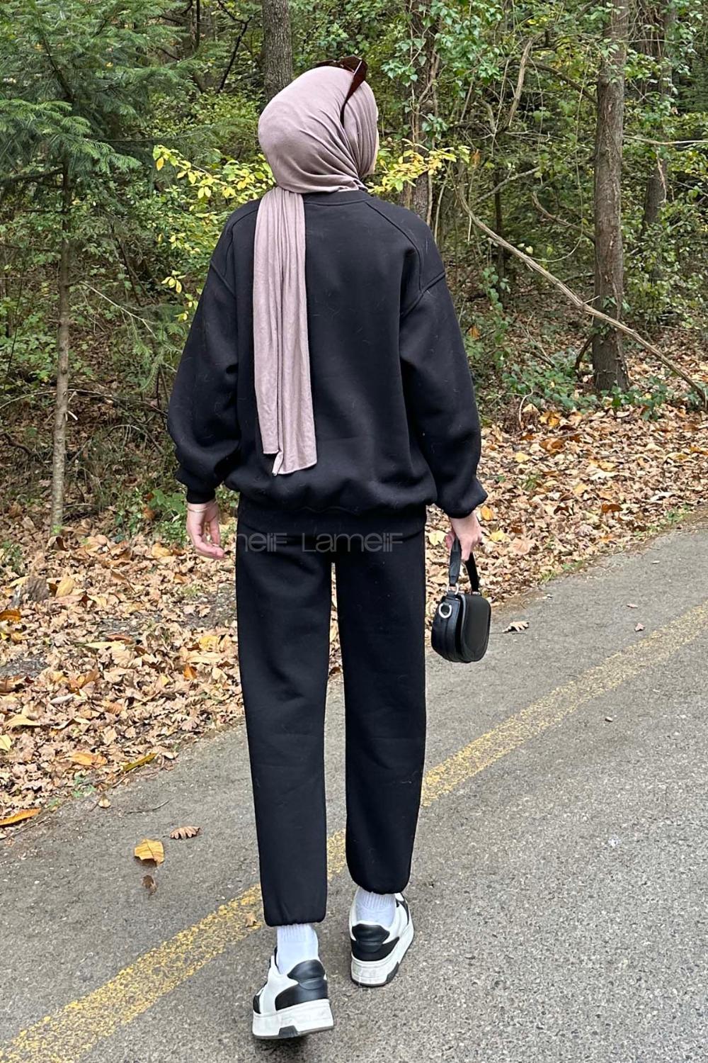 Lamelif Bisiklet Yaka Ribanalı İkili Eşofman Tesettür Takım Siyah