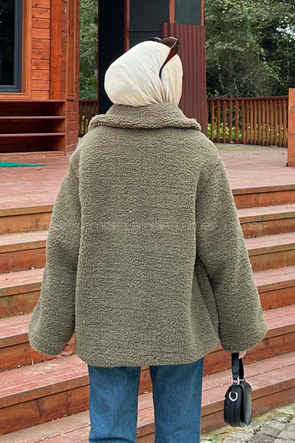 Lamelif Biye Detaylı Tedy Peluş Mont Haki