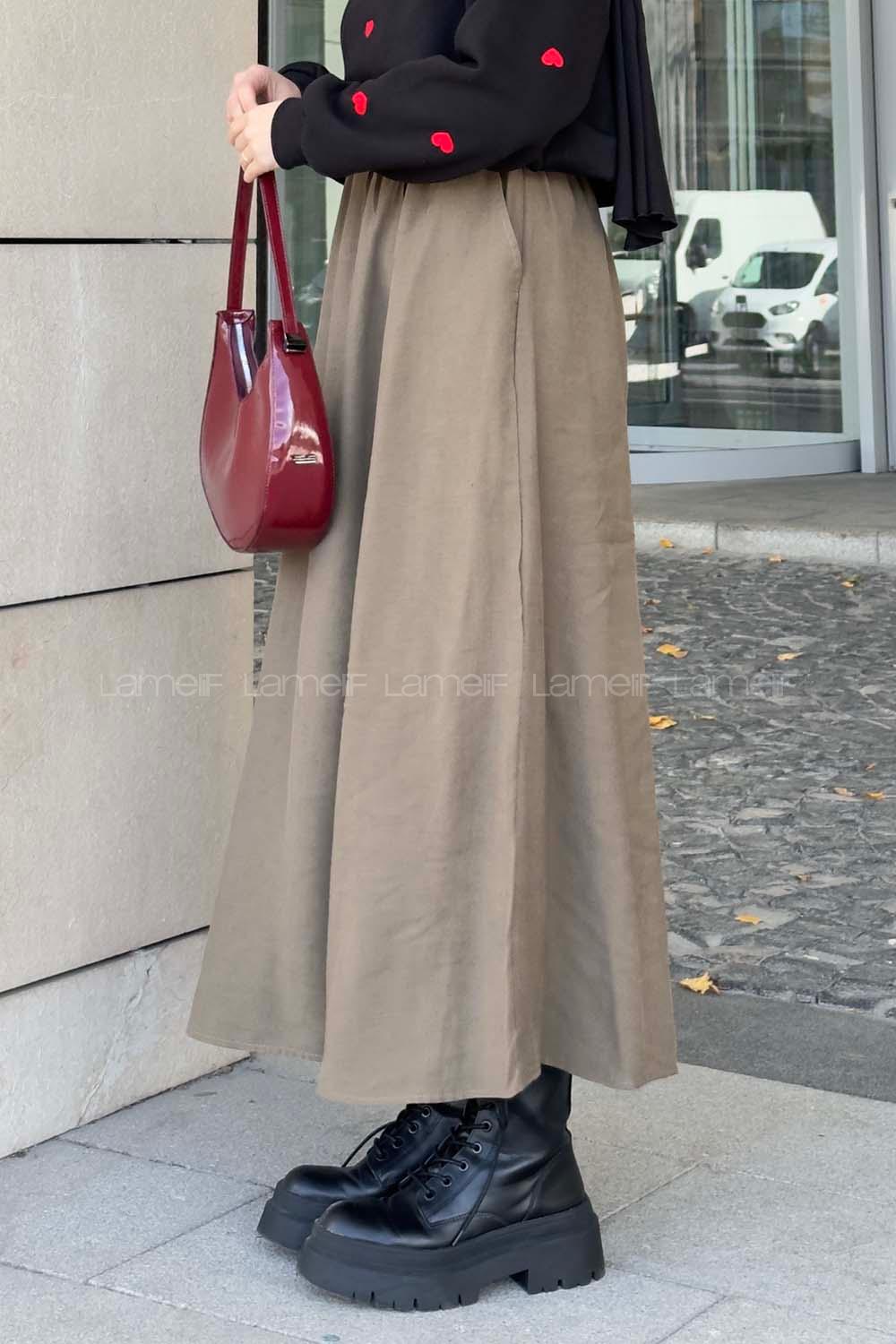 Lamelif Cep Detaylı Keten Kloş Etek Koyu Yeşil