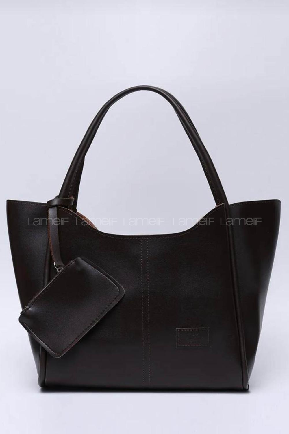 Lamelif Çıtçıtlı Suni Deri Cüzdanlı Kadın El ve Omuz Çantası Acı Kahve