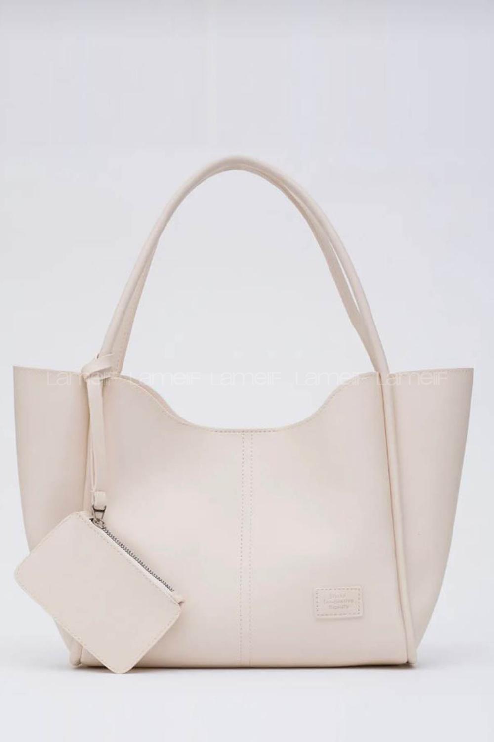 Lamelif Çıtçıtlı Suni Deri Cüzdanlı Kadın El ve Omuz Çantası Krem