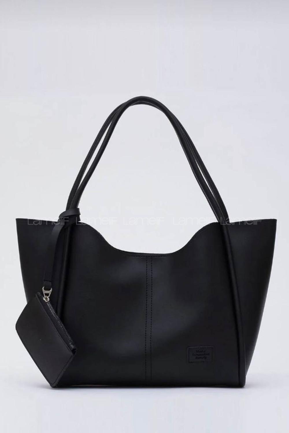 Lamelif Çıtçıtlı Suni Deri Cüzdanlı Kadın El ve Omuz Çantası Siyah