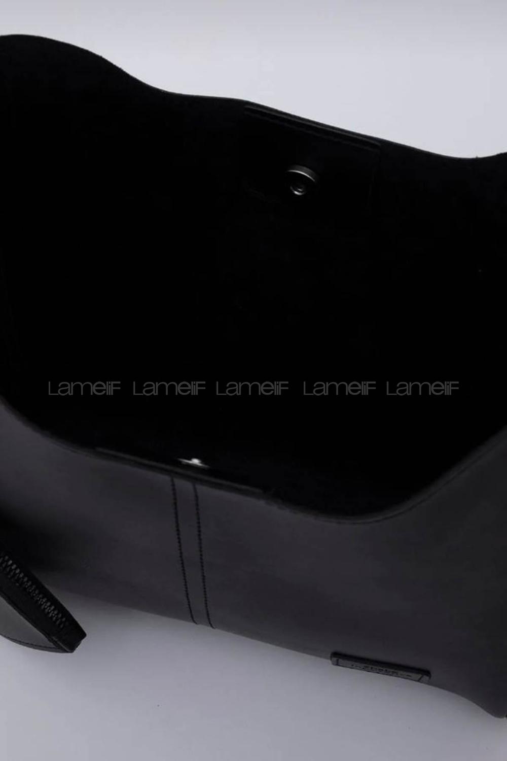 Lamelif Çıtçıtlı Suni Deri Cüzdanlı Kadın El ve Omuz Çantası Siyah