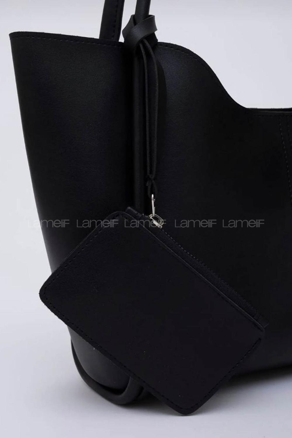 Lamelif Çıtçıtlı Suni Deri Cüzdanlı Kadın El ve Omuz Çantası Siyah