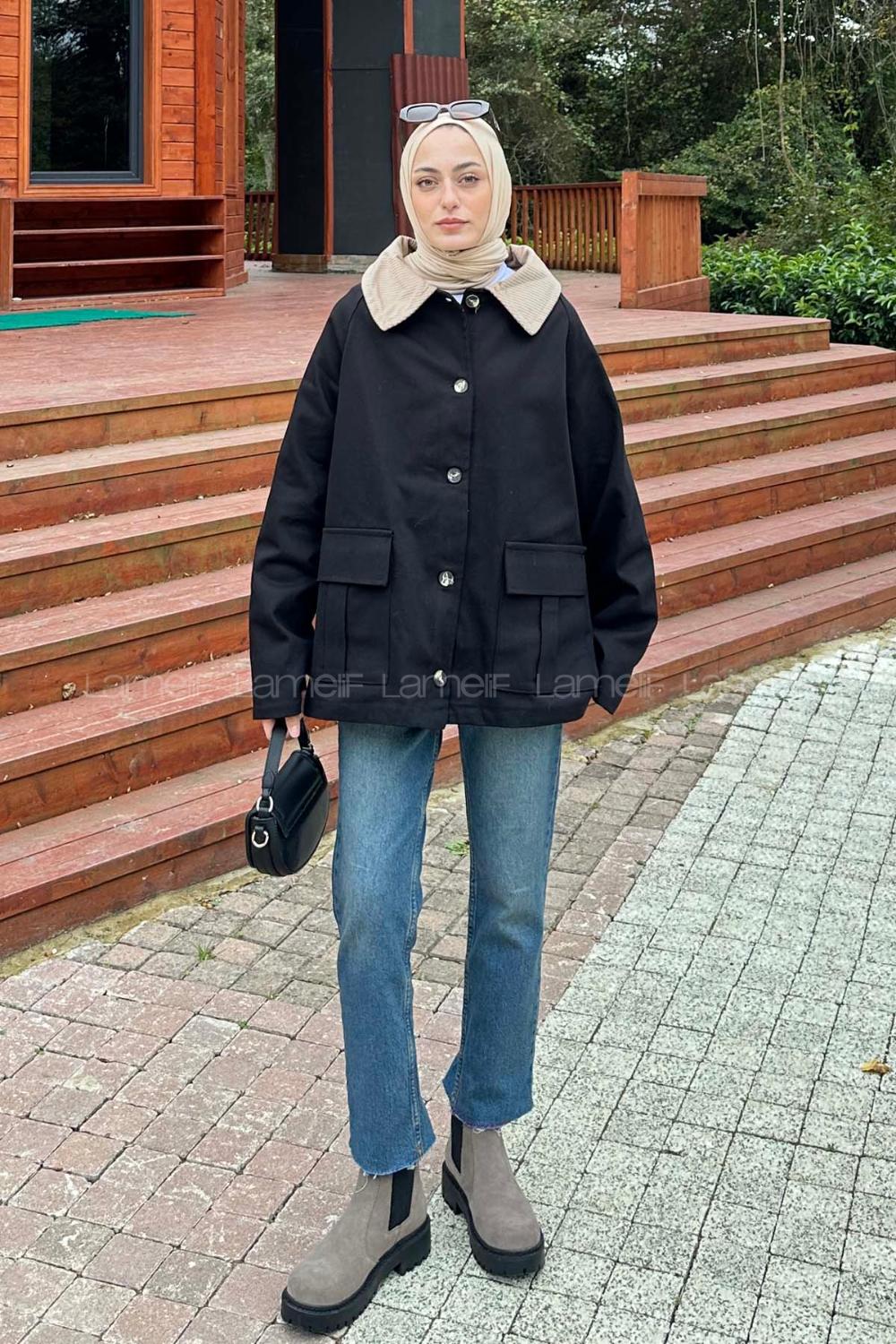 Lamelif Yaka Detaylı Düğmeli Gabardin Ceket Siyah