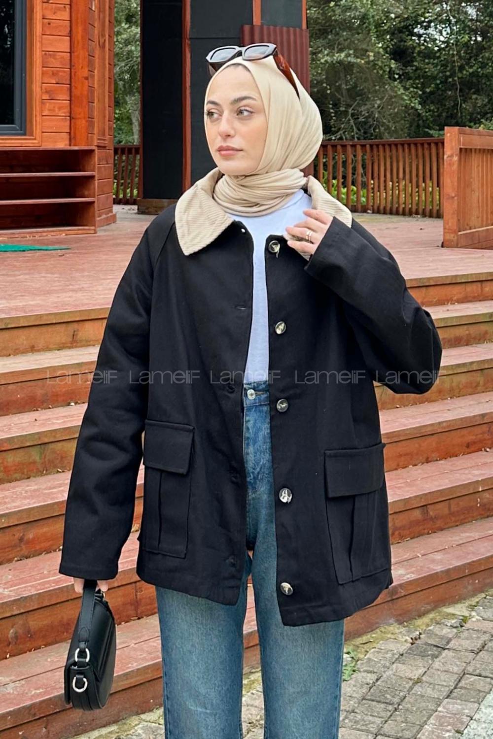 Lamelif Yaka Detaylı Düğmeli Gabardin Ceket Siyah