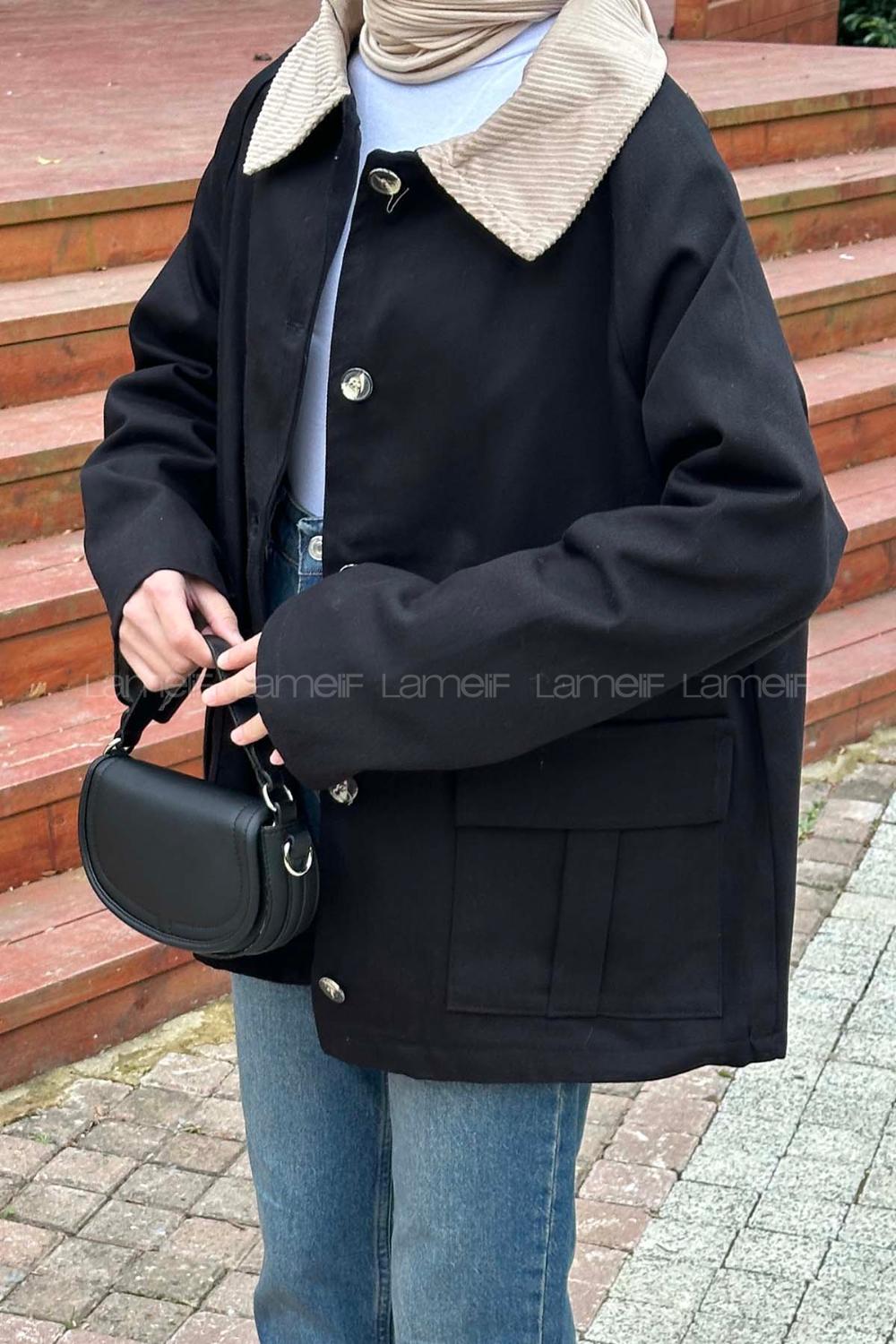 Lamelif Yaka Detaylı Düğmeli Gabardin Ceket Siyah
