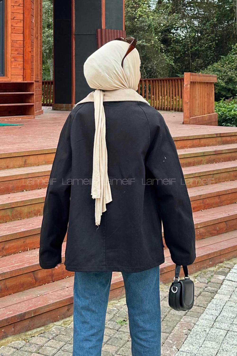 Lamelif Yaka Detaylı Düğmeli Gabardin Ceket Siyah