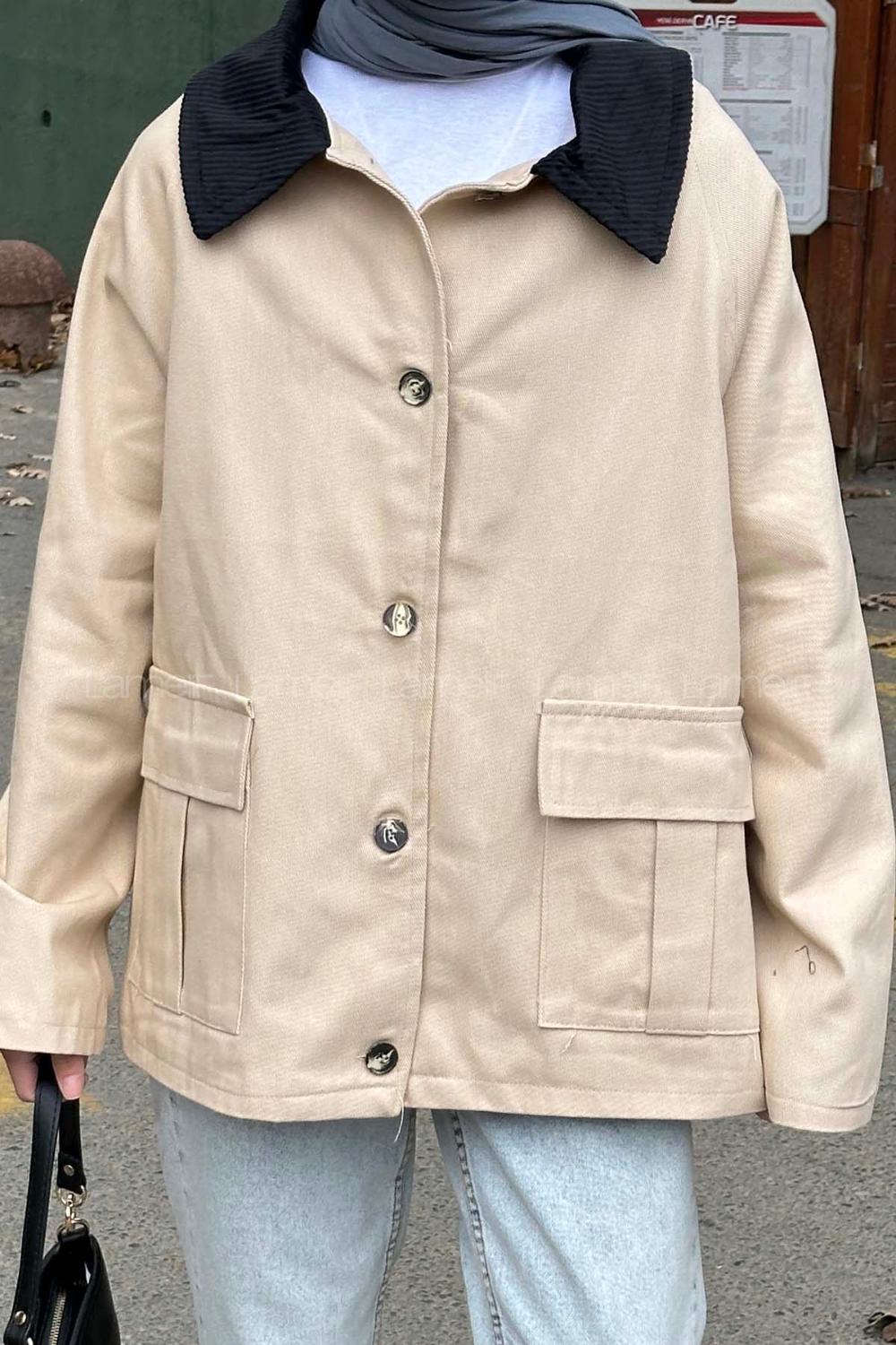 Lamelif Yaka Detaylı Düğmeli Gabardin Ceket Vizon