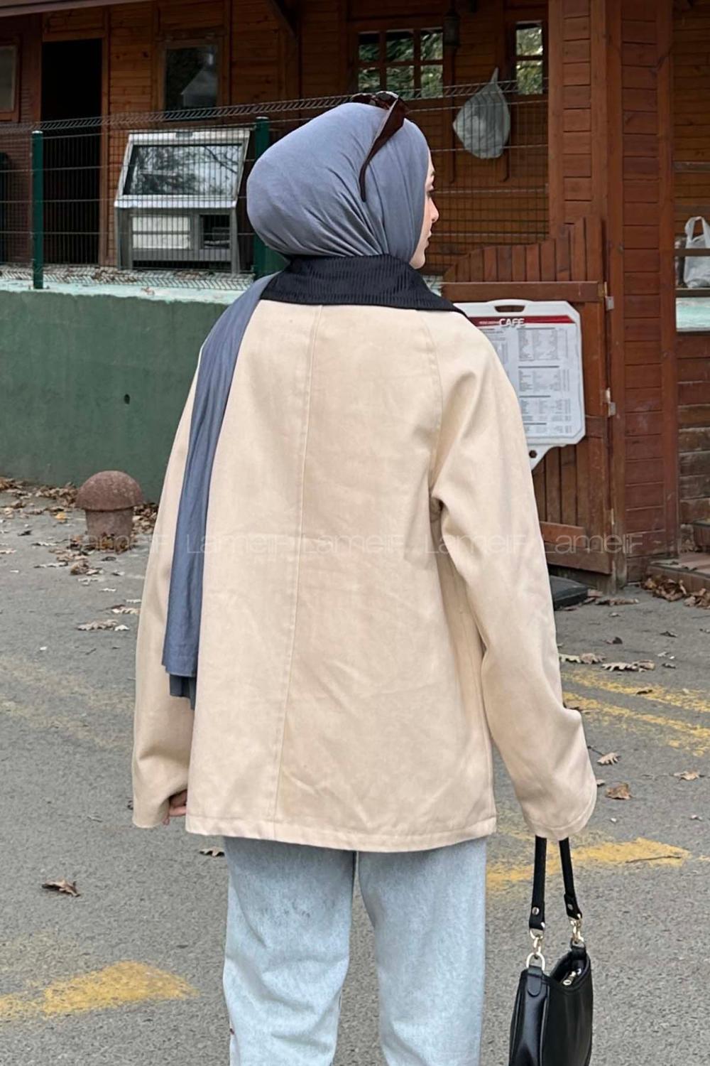 Lamelif Yaka Detaylı Düğmeli Gabardin Ceket Vizon