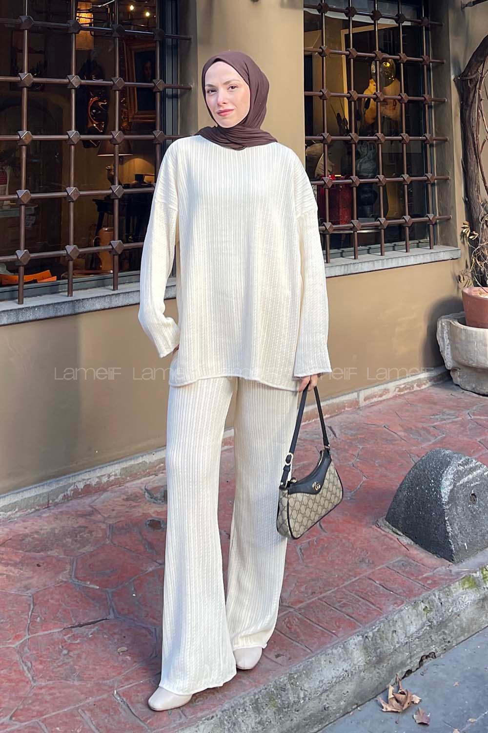 Lamelif Saç Örgülü Triko Tesettür Takım Ekru