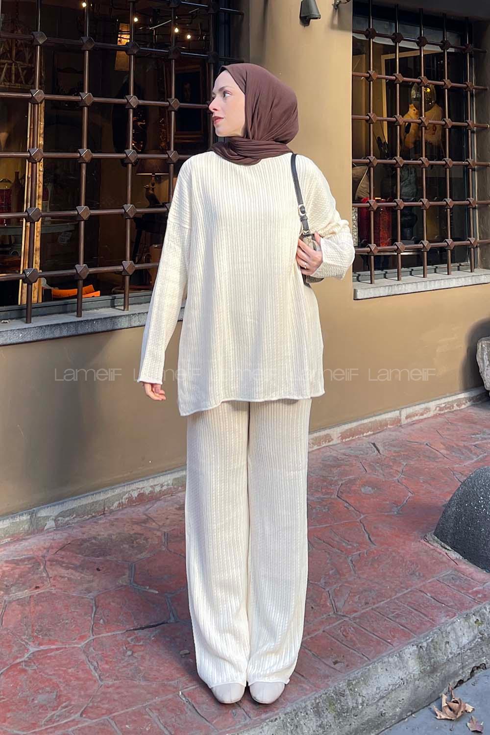 Lamelif Saç Örgülü Triko Tesettür Takım Ekru