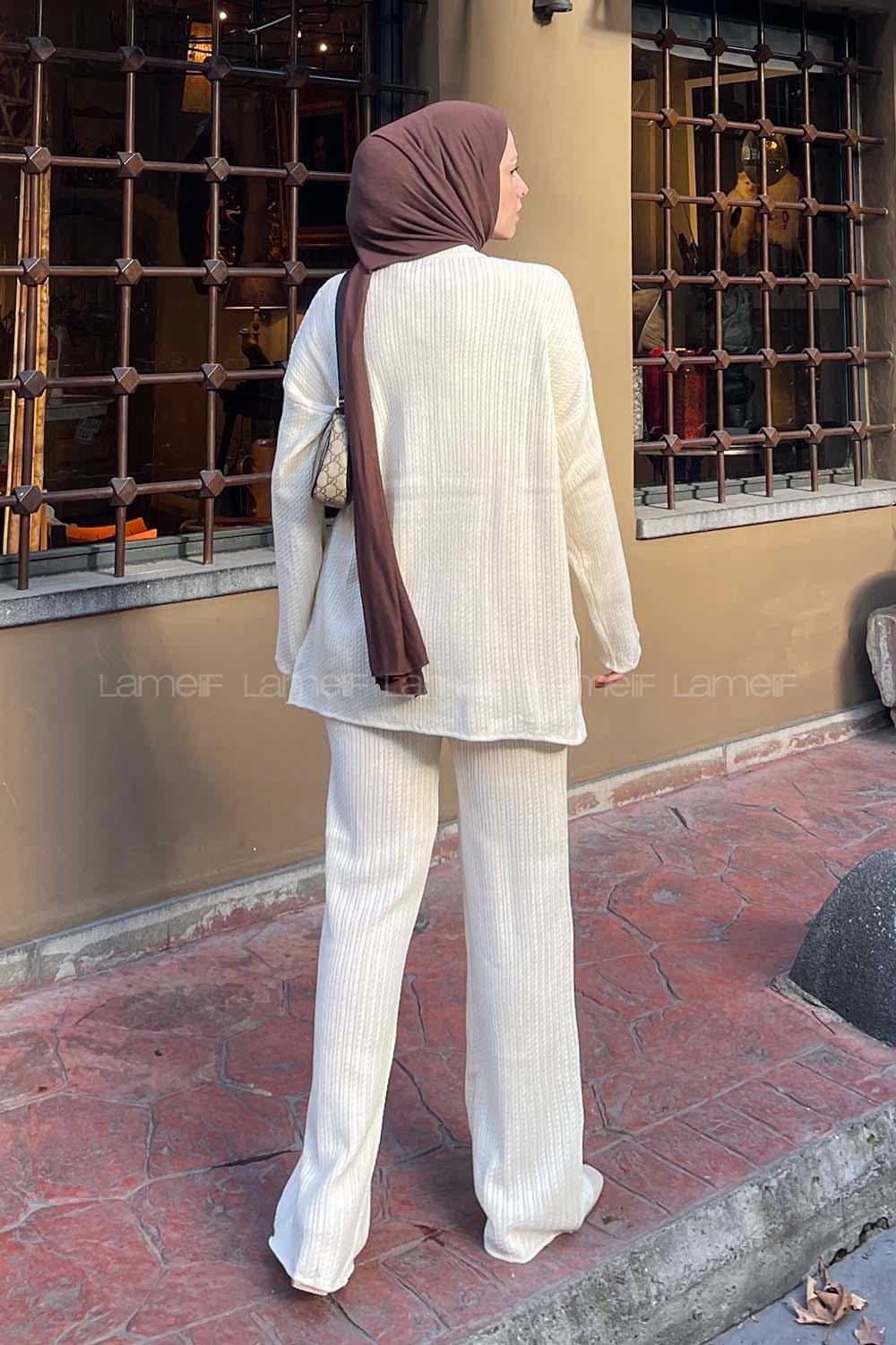 Lamelif Saç Örgülü Triko Tesettür Takım Ekru