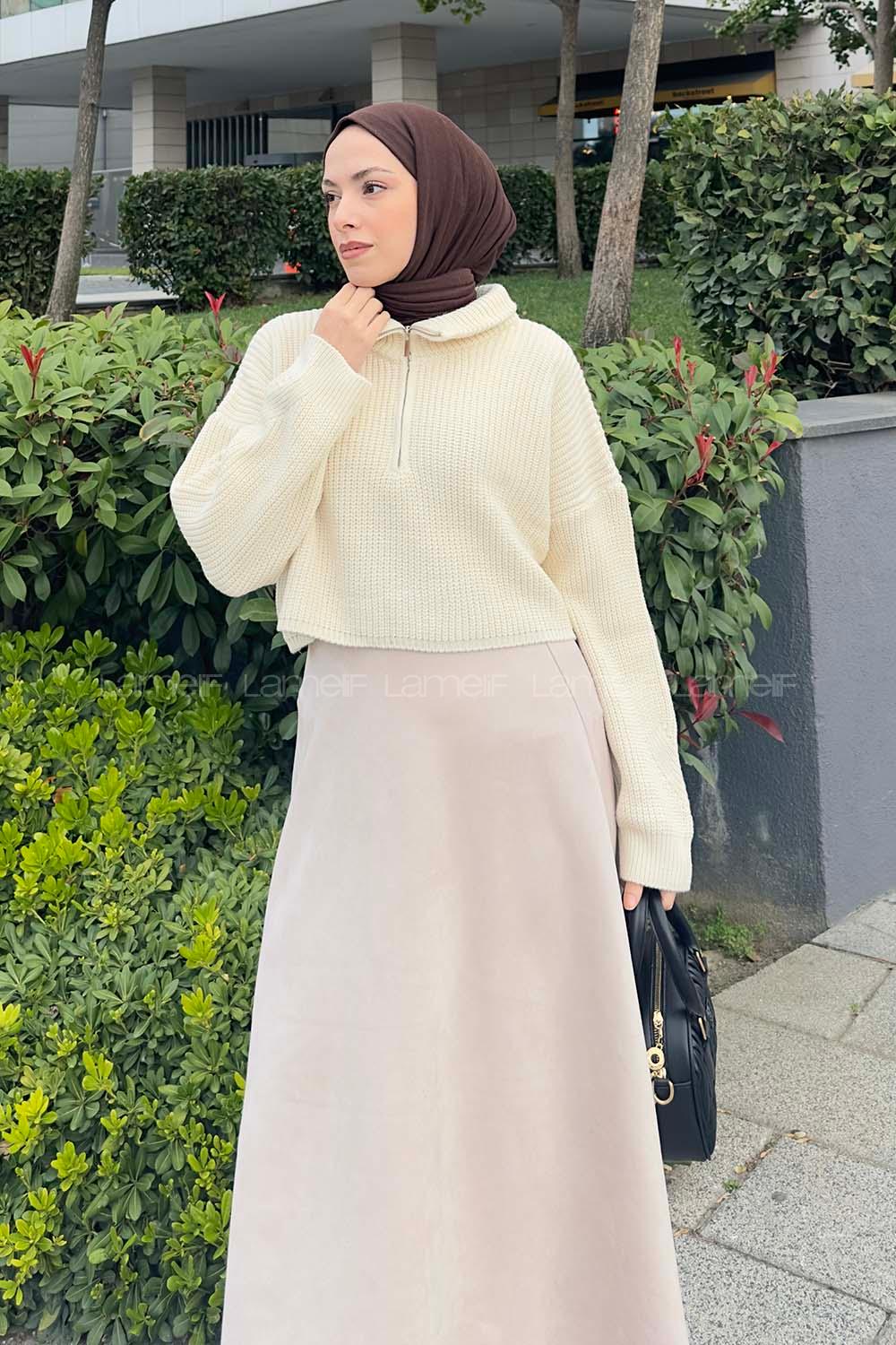 Ecru Zippered Neck Long Arm Jumper