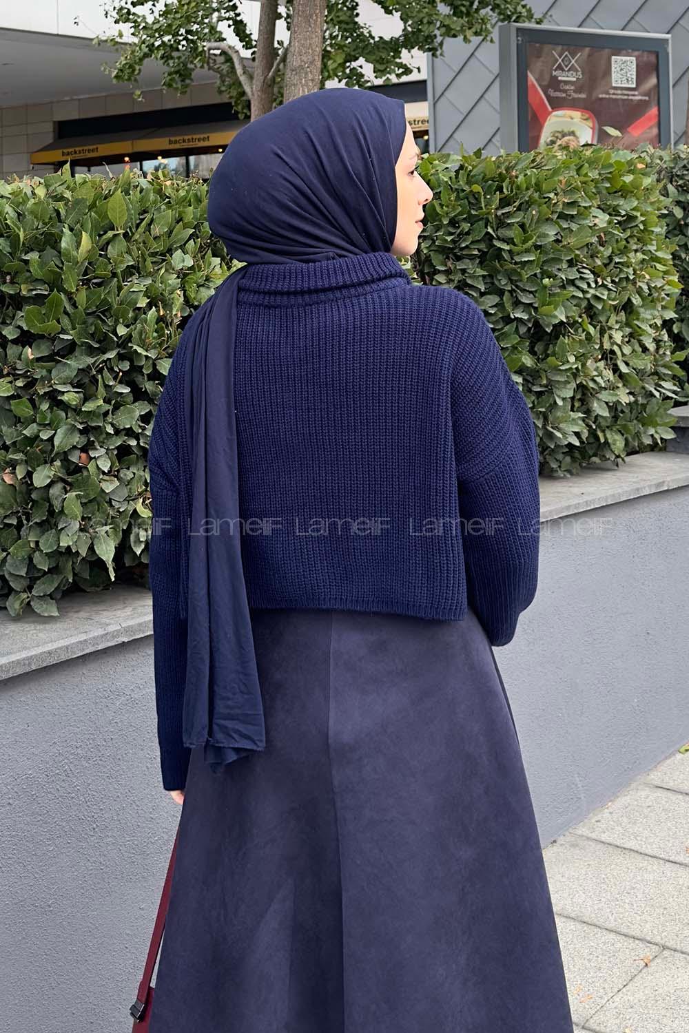 Lamelif Yaka Fermuarlı Crop Triko Kazak Lacivet