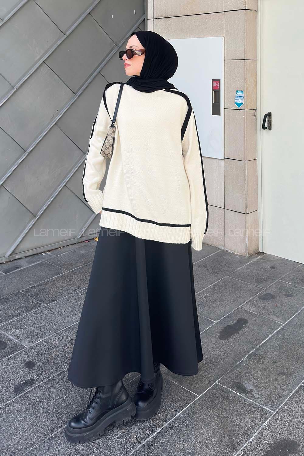 Lamelif Balıkçı Yaka SiyahŞerit Detaylı Kazak Ekru