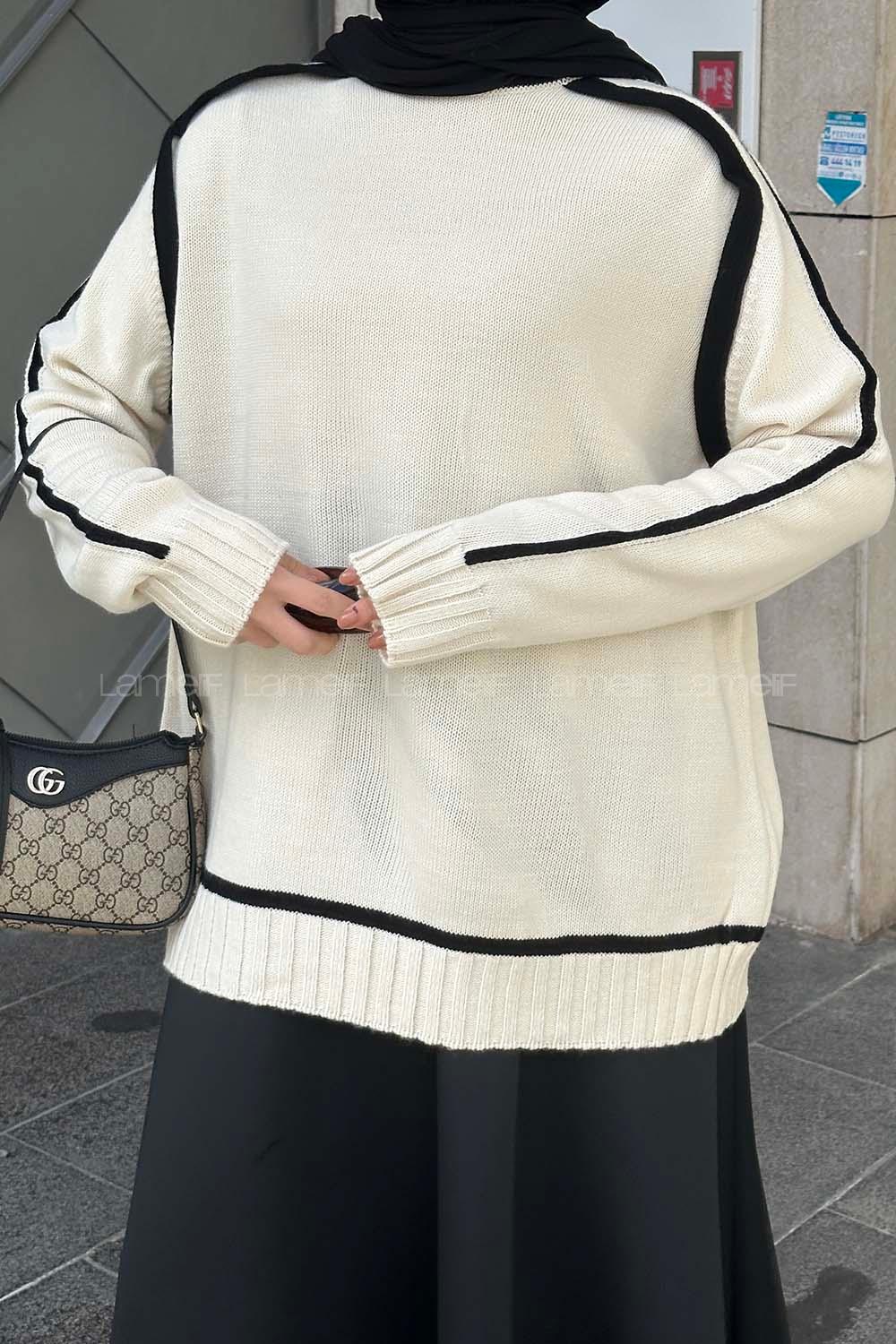 Lamelif Balıkçı Yaka SiyahŞerit Detaylı Kazak Ekru