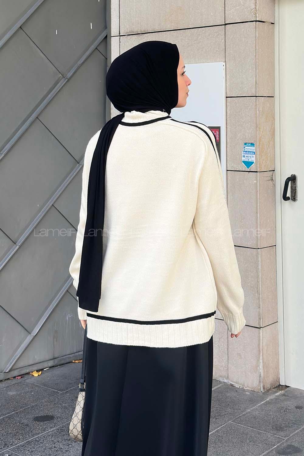 Lamelif Balıkçı Yaka SiyahŞerit Detaylı Kazak Ekru