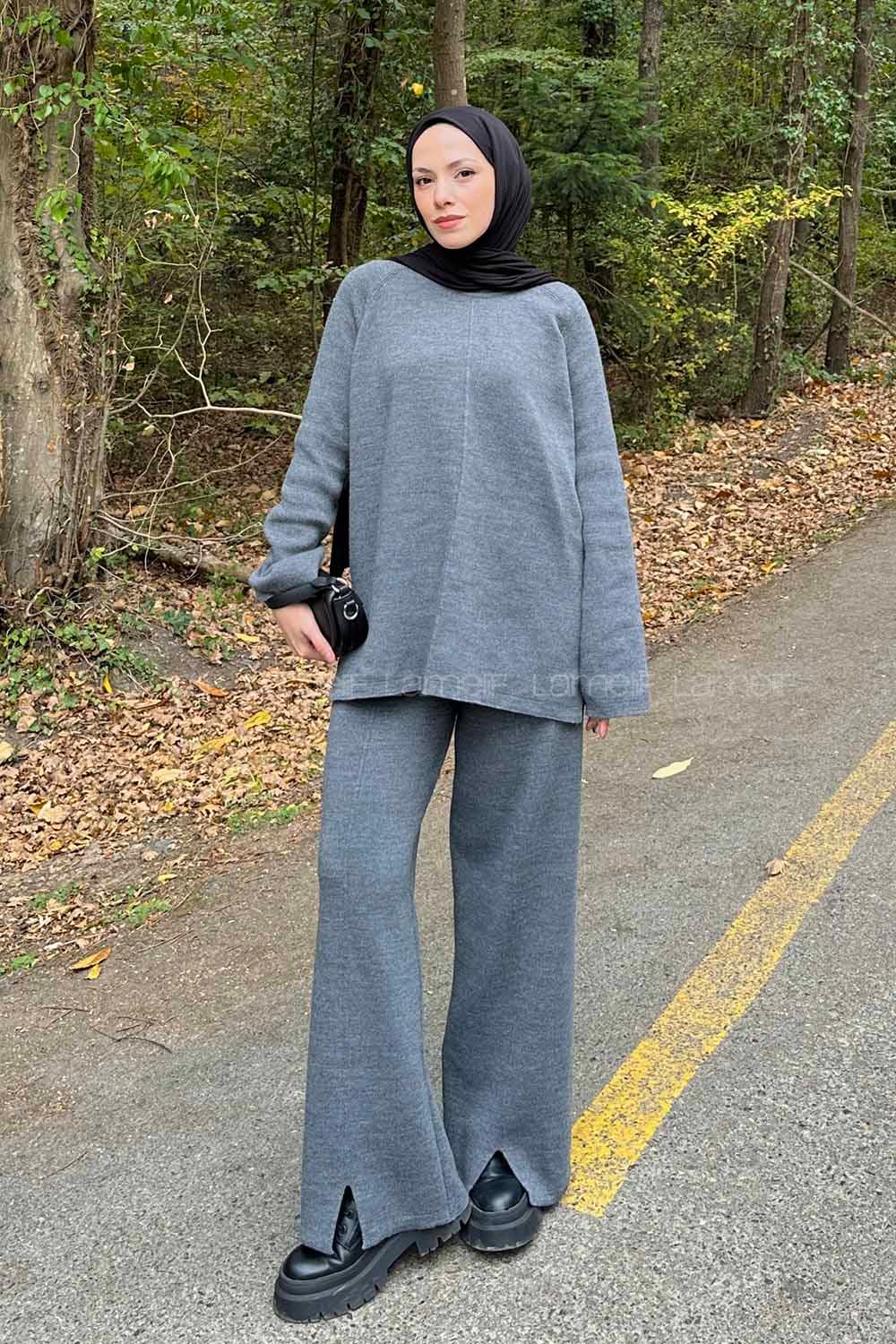 Lamelif Basic Pantolon Önü Yırtmaçlı Triko Tesettür Takım Gri
