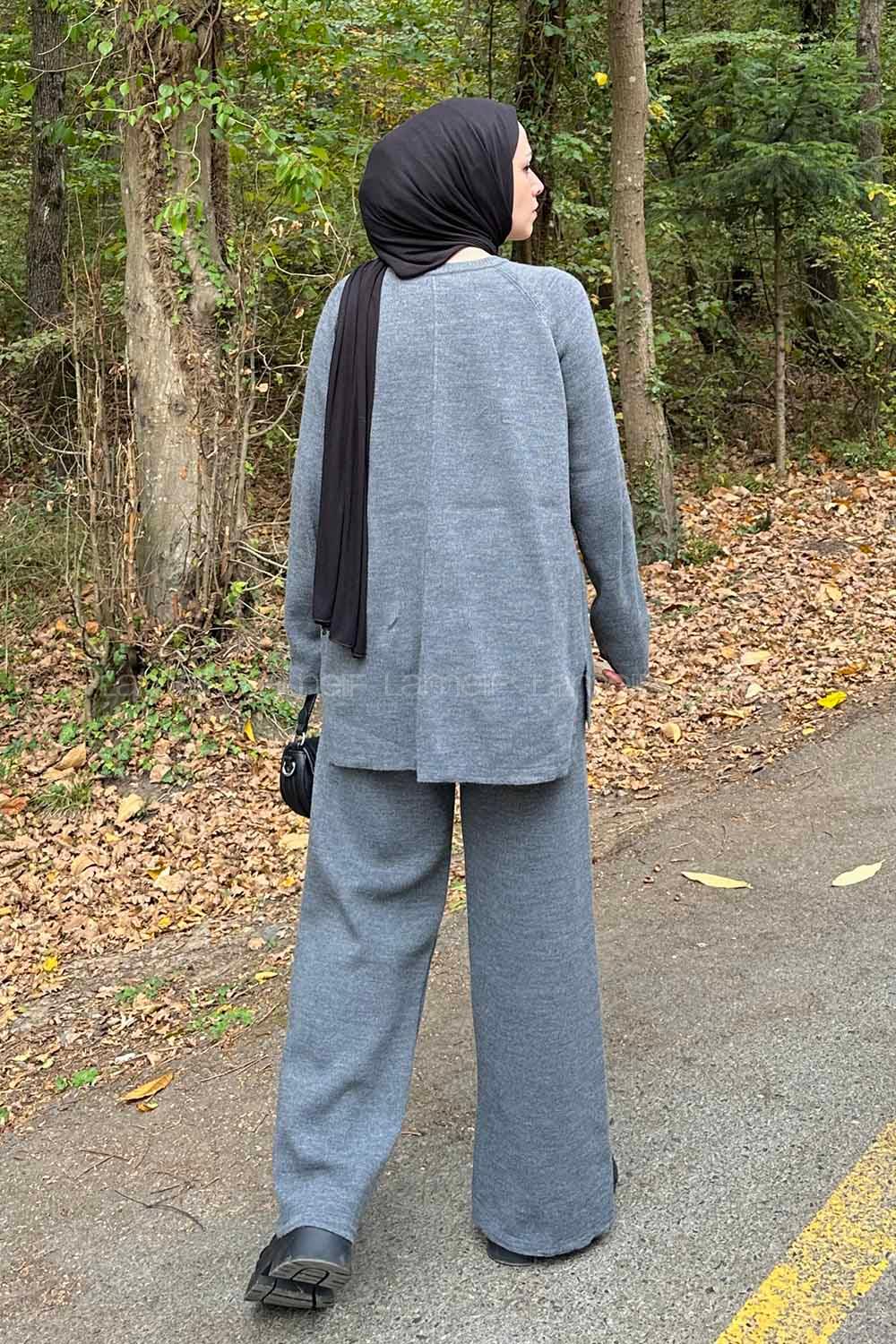 Lamelif Basic Pantolon Önü Yırtmaçlı Triko Tesettür Takım Gri