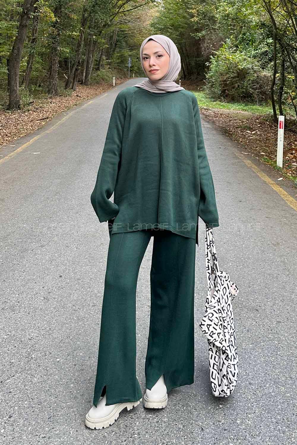 Lamelif Basic Pantolon Önü Yırtmaçlı Triko Tesettür Takım Haki