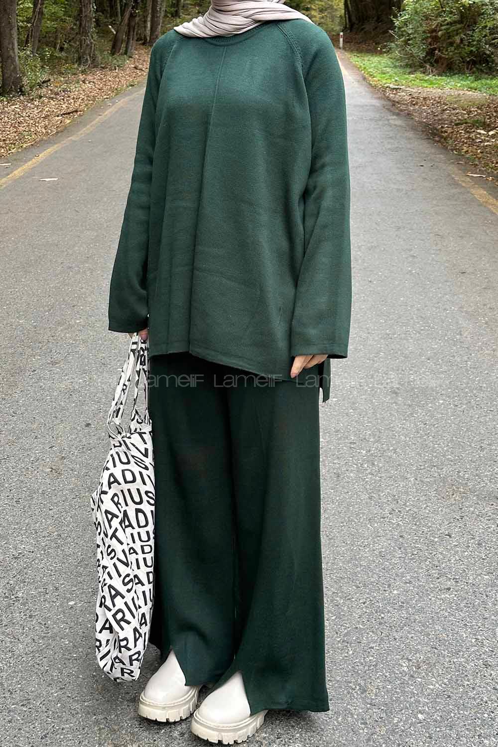 Lamelif Basic Pantolon Önü Yırtmaçlı Triko Tesettür Takım Haki