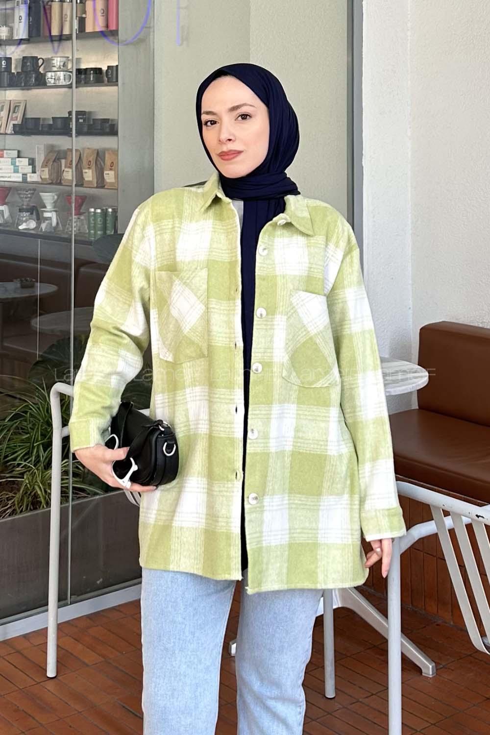 Lamelif Ekose Desen Çift Cep Detaylı  Oduncu Gömlek Fıstık Yeşili