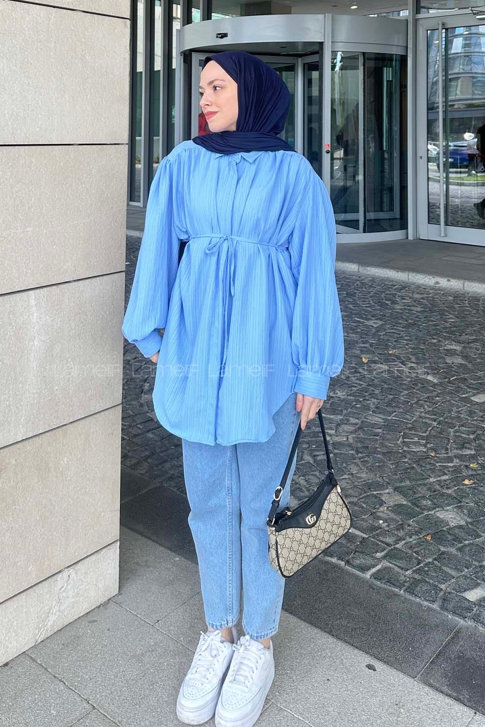 Lamelif Gizli Düğme Kapama Tunik Gömlek Mavi