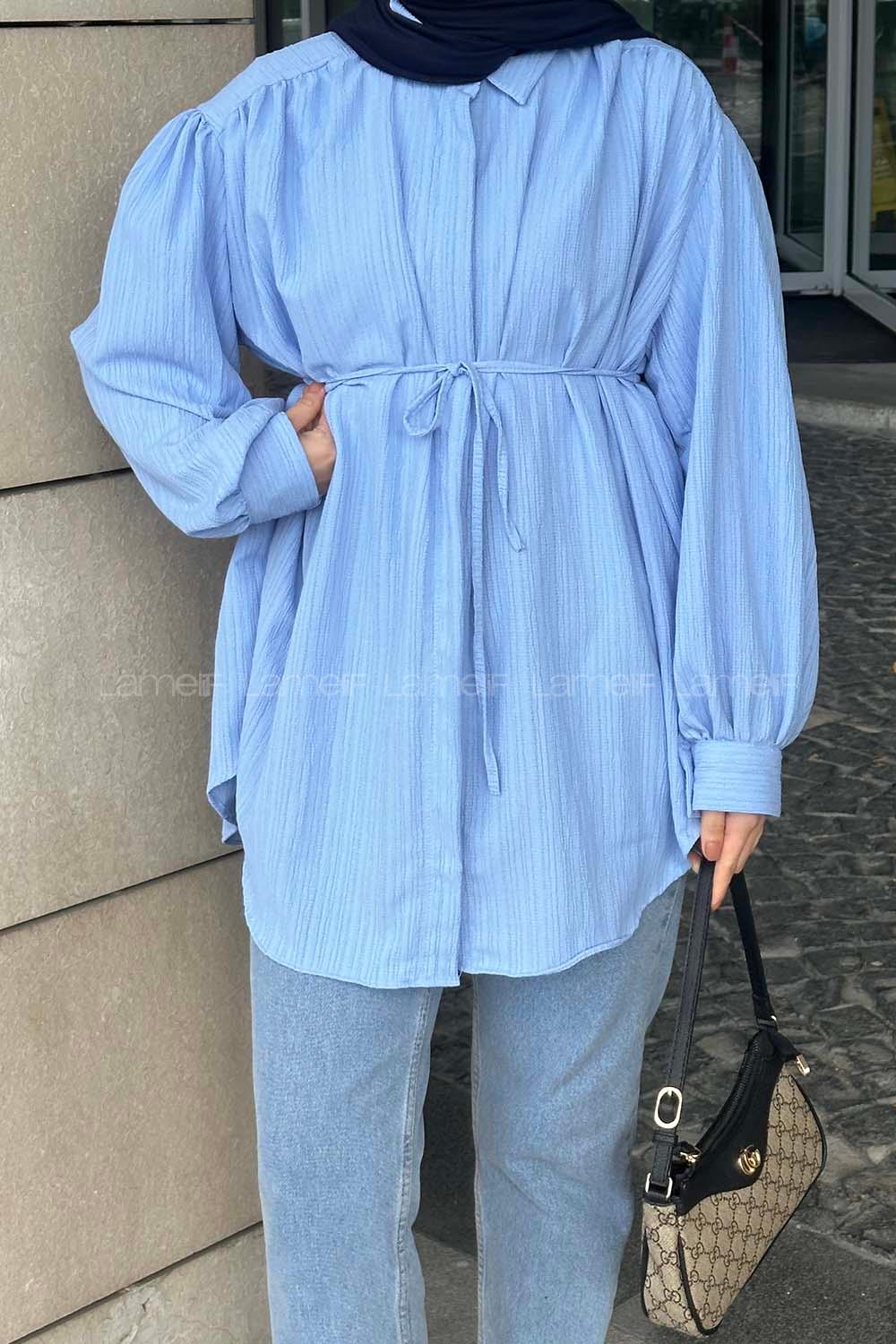Lamelif Gizli Düğme Kapama Tunik Gömlek Mavi