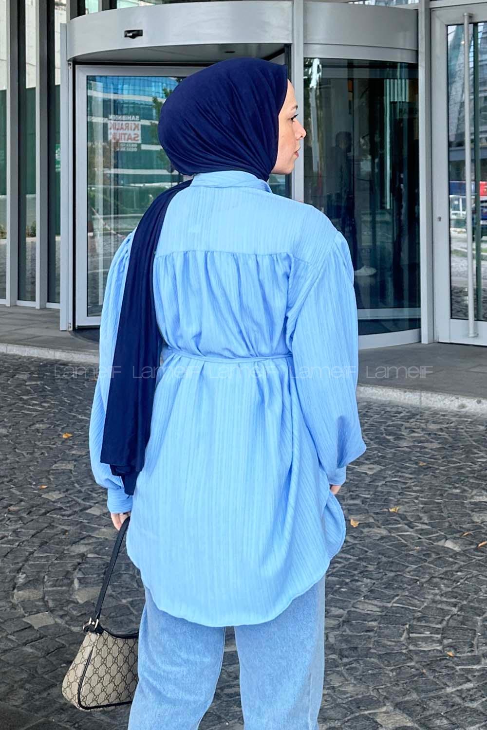 Lamelif Gizli Düğme Kapama Tunik Gömlek Mavi