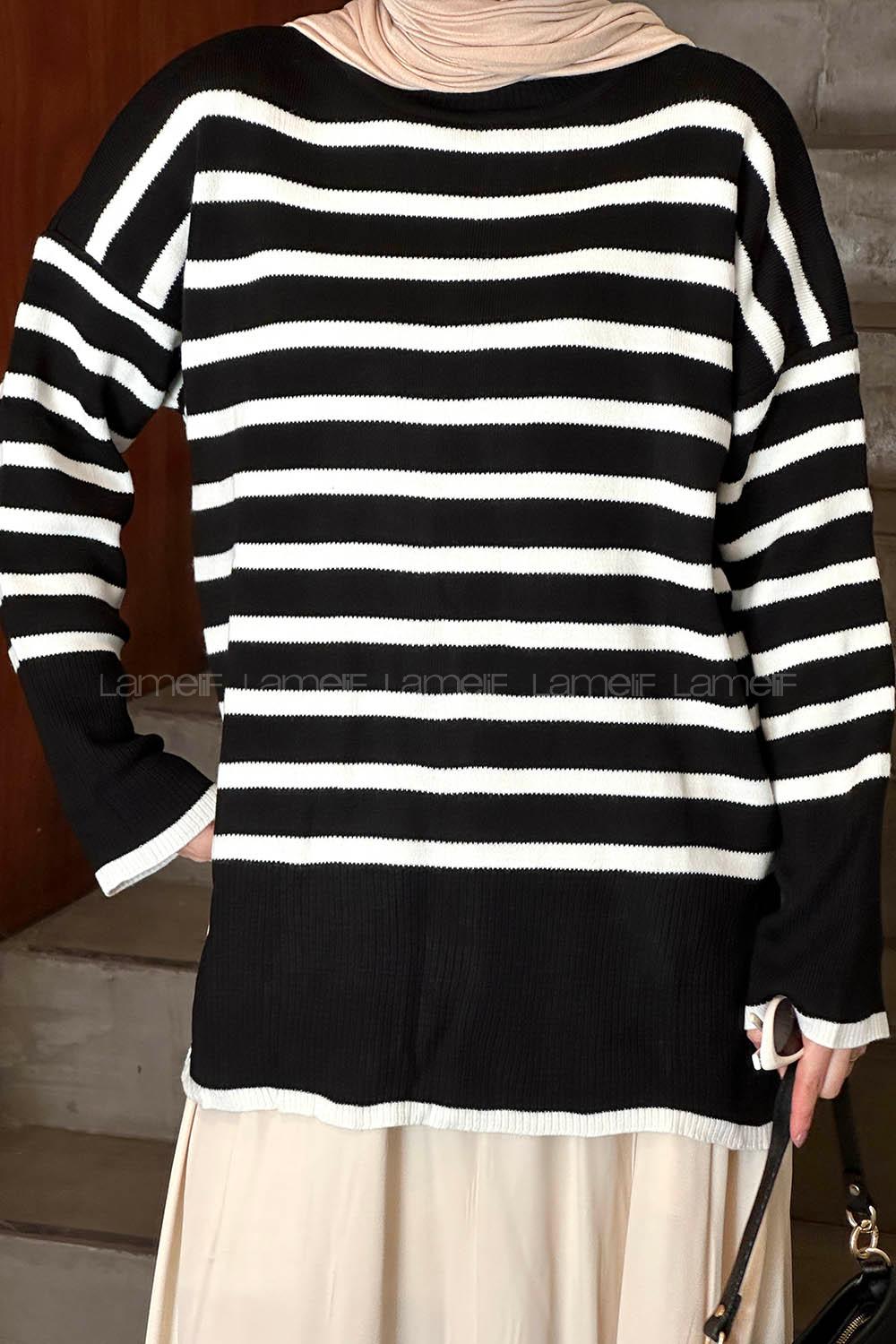 Lamelif Beyaz Çizgili Triko Kazak Siyah