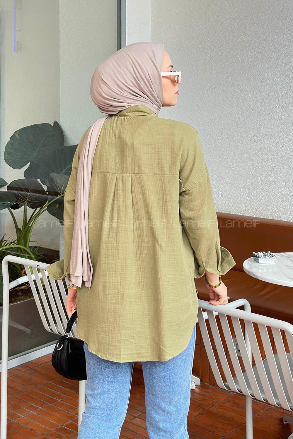 Lamelif Düz Keten Gömlek  Haki