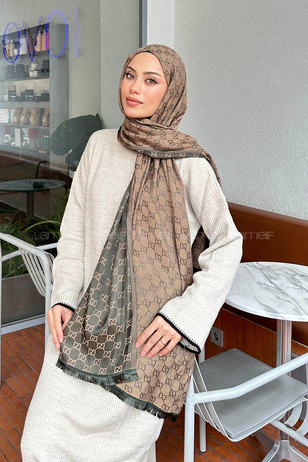 Lamelif G Desen Kaşmir Çift Taraflı Şal Haki Camel