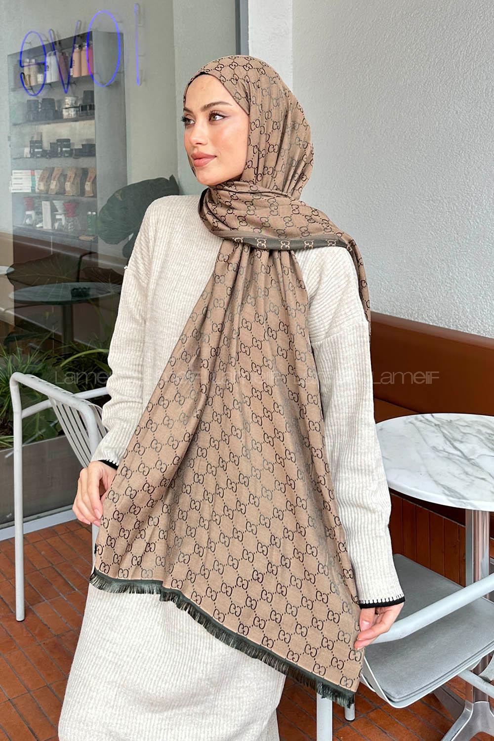 Lamelif G Desen Kaşmir Çift Taraflı Şal Haki Camel