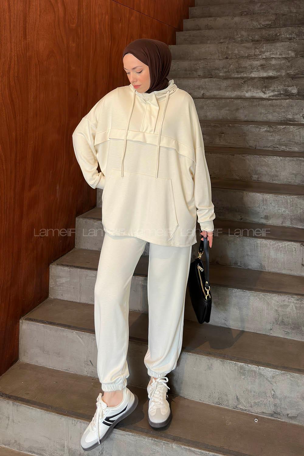 Lamelif Kapüşonlu Paça Lastikli Oysho Tesettür Takım Ekru