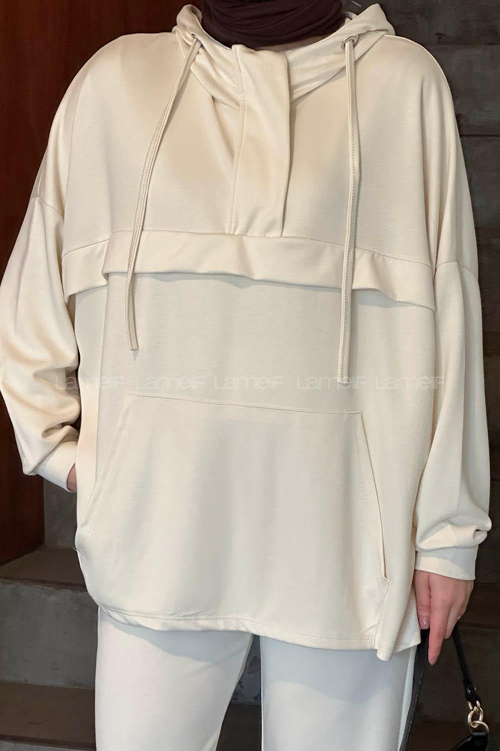 Lamelif Kapüşonlu Paça Lastikli Oysho Tesettür Takım Ekru