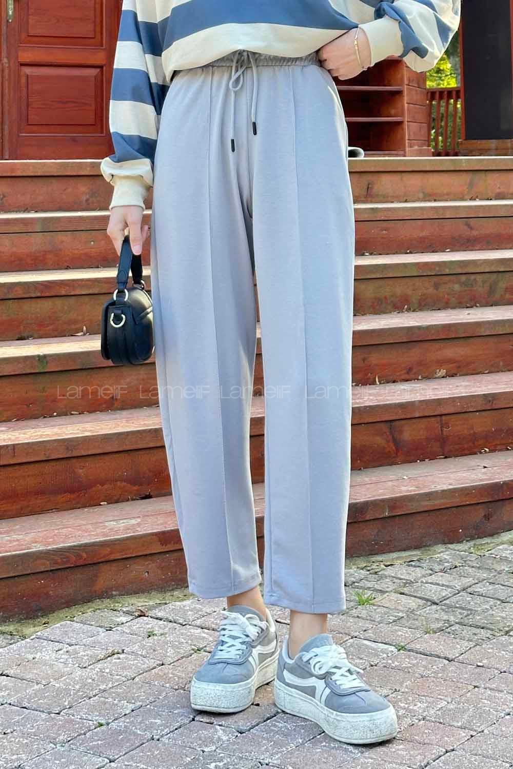 Gray Regular Trousers High Waist Elastic Waist Regular Cut Bottom Tracksuit