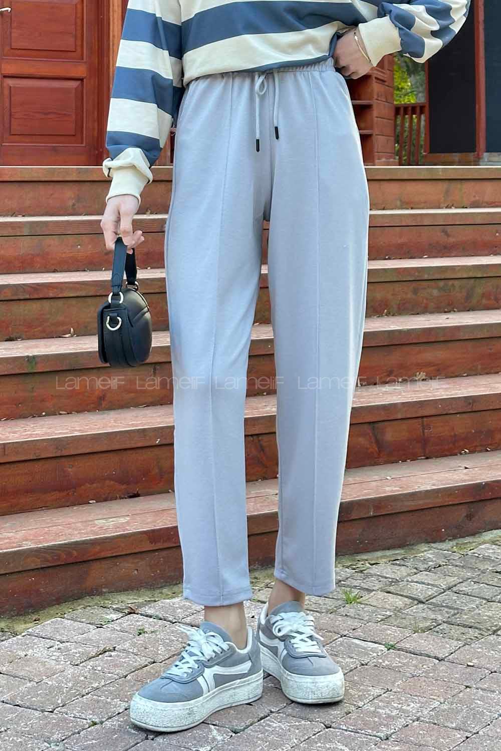 Gray Regular Trousers High Waist Elastic Waist Regular Cut Bottom Tracksuit
