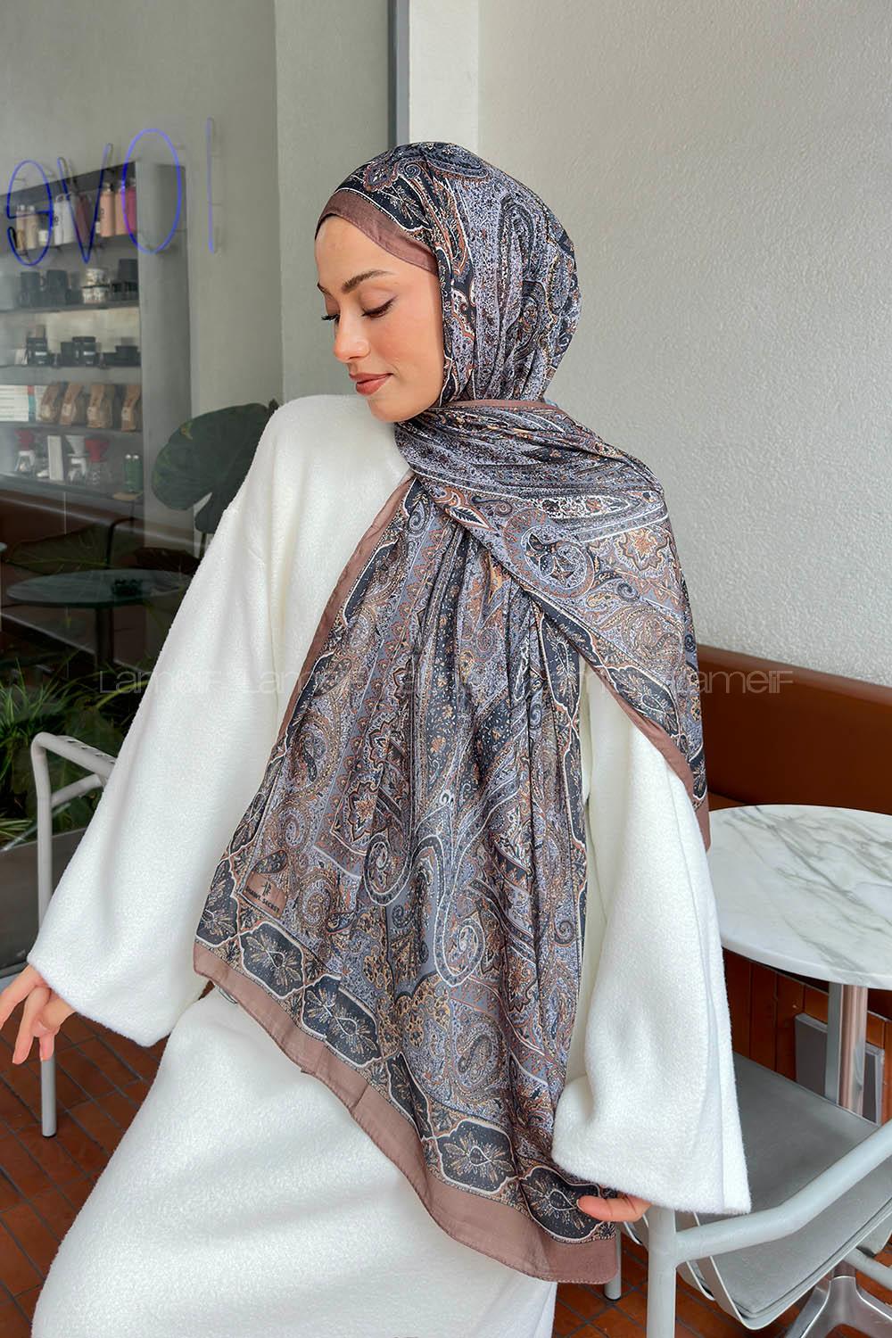 Lamelif Retro Desen Pamuk Şal Camel Gri