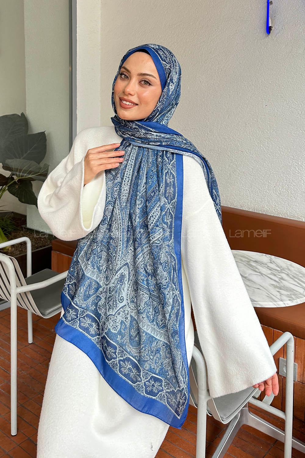 Lamelif Retro Desen Pamuk Şal İndigo